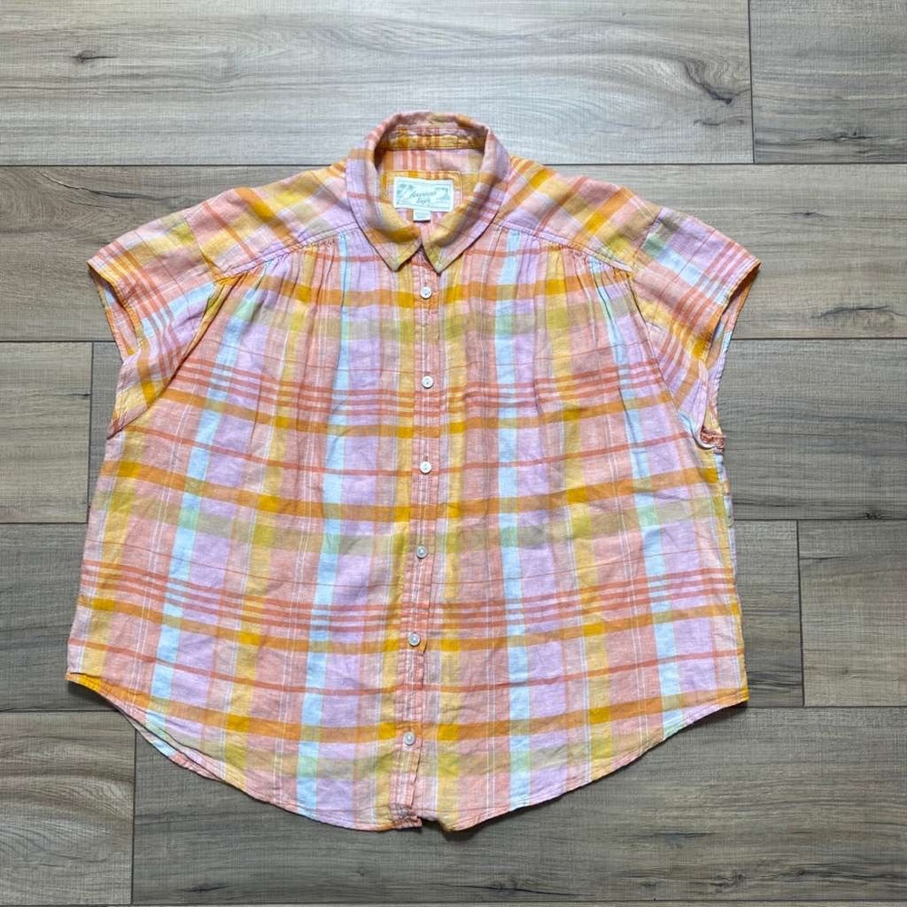 American Eagle Women’s Linen Blend Madras Plaid Oversized Button Up Top XS